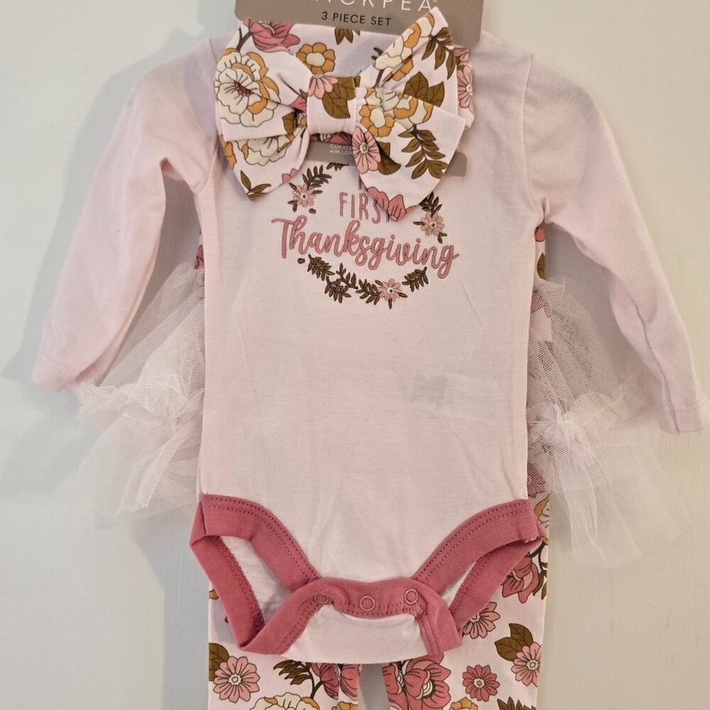 Chick pea baby girl my first Thanksgiving 3pc set 0-3m, 3-6m and 6-9m